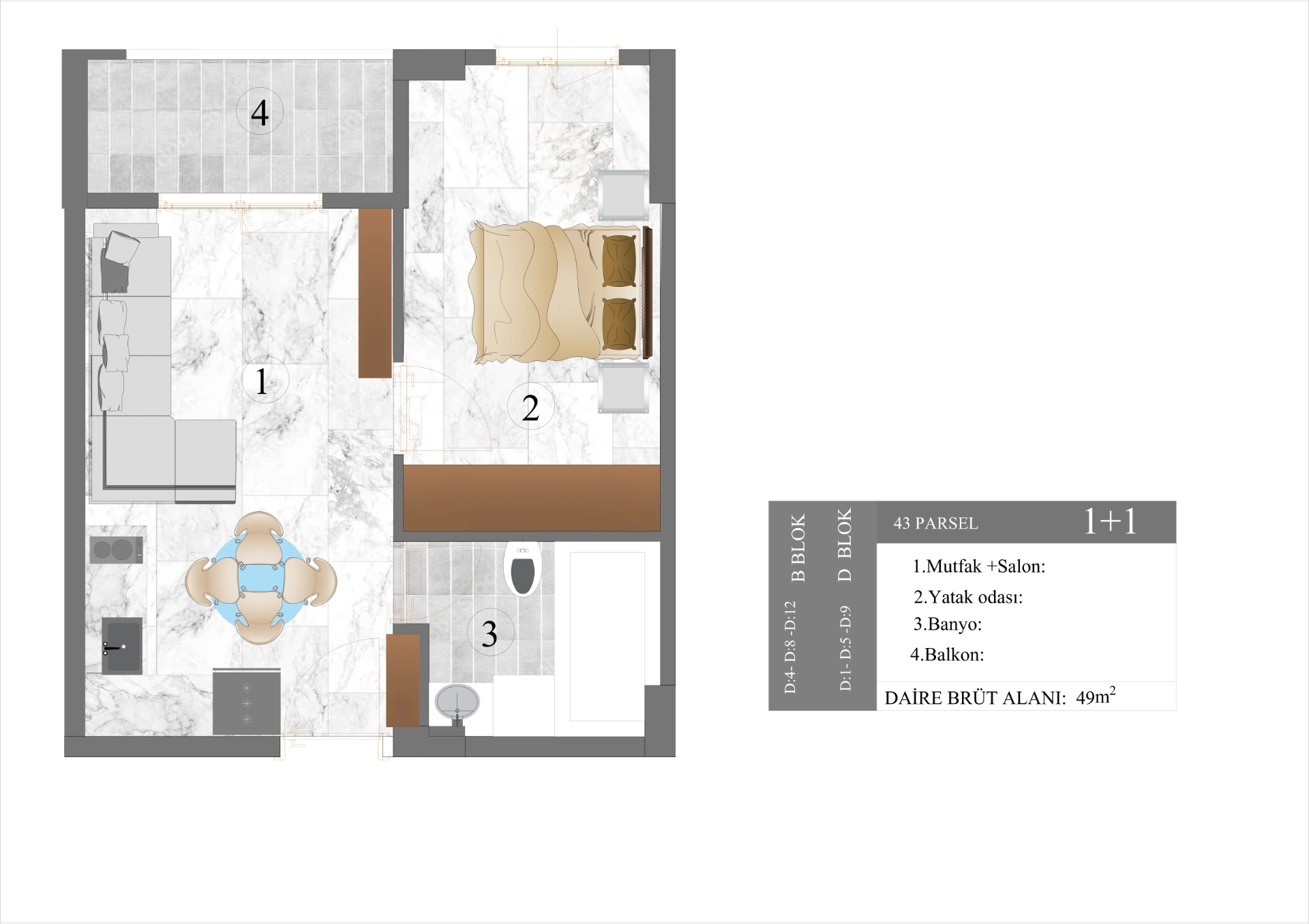 43 Parsel B Blok 1+1 Kat Planı