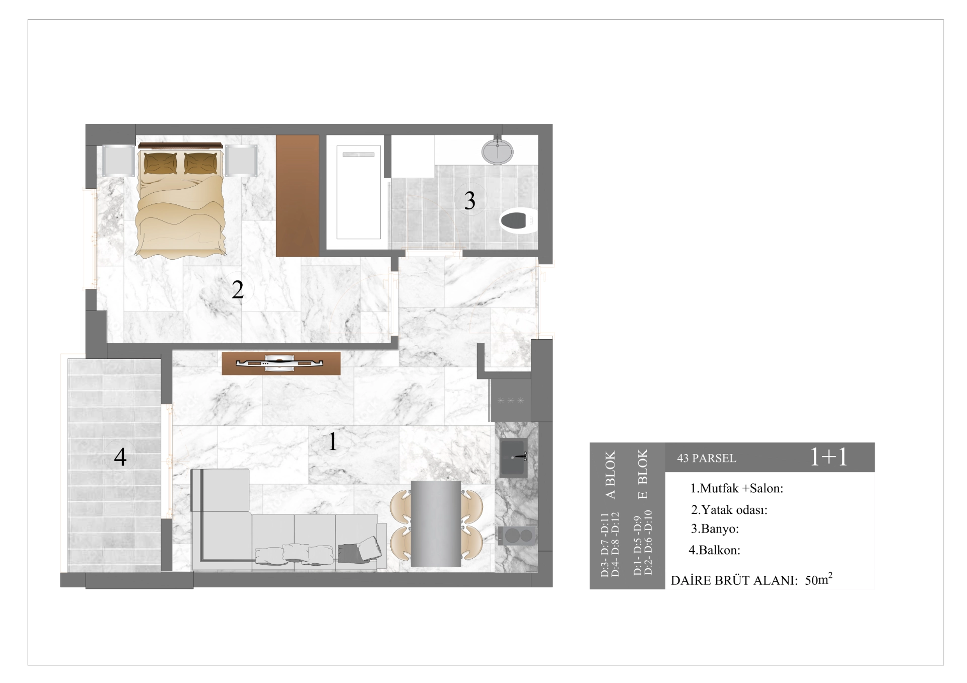 43 Parsel E Blok 1+1 Kat Planı